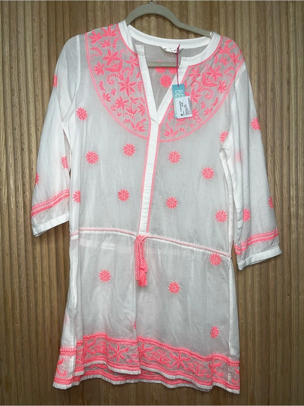 Accessorize White Tunic with Neon Coral Embroidery